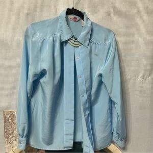 80s Vintage Sheridan Square Romantic Baby Blue with pearls Blouse Size 10